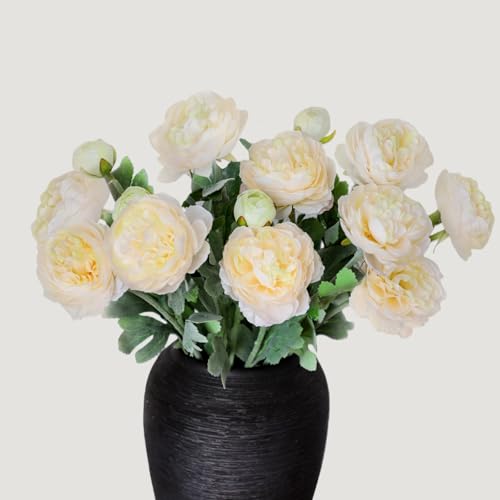 KBREE Ranunculus Artificial Flowers, 5 Pcs Faux Ranunculus Real Touch Stems, Fake Peony Flowers for Wedding DIY Bouquets, Centerpieces, Bridal Shower Decorations & Spring Home Decor (Light Champagne) - color: Light Champagne