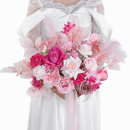 Hot Pink Bridal Bouquets for Bride,14 Inch Wedding Bouquets, for Wedding Ceremony, Anniversary, Party and French Rustic Vintage Wedding,Artificial Flowers - color: Hot Pink, size: 14 Inch