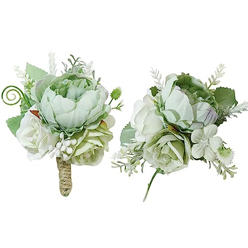 MAFELOE 2 Pieces Artificial Wrist Corsage and Boutonniere Set, Groom Groomsmen Bride Bridesmaids Wedding Flowers Accessories Prom Party Suit Decorations - Light Green - color: Green