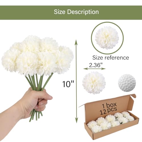 12pcs White Artificial Flowers Fake Flowers Silk Artificial Chrysanthemum Ball Hydrangea Bridal Wedding Bouquet for Home Garden Party Decor (White) - color: White 12pcs