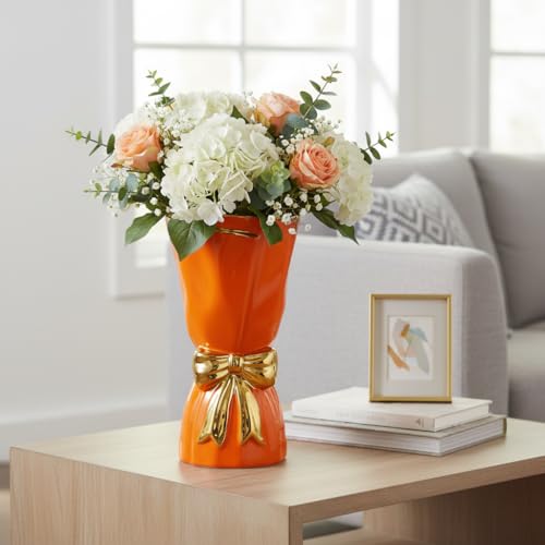 Orange Ceramic Vase for Flower, Modern Decorative Vase with Bow, Minimalist Tall Vases for Home Decor, Living Room, Console Table, Fireplace, Kitchen Decor 11 Inch - color: Orange, size: 11 inch