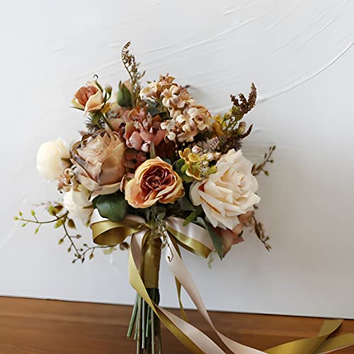 Artificial Wedding Bouquet for Brides Bridesmaid Holding Flower with Greenery Artificial Fabric Rose Wedding Flower Bridal Toss (Vintage Coffee) - color: Vintage Coffee