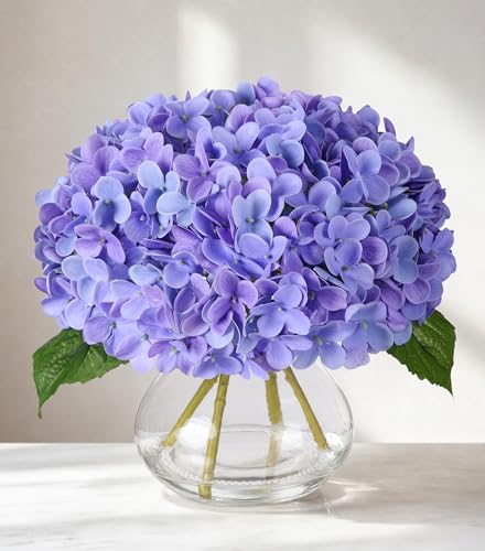 Real Touch Faux Hydrangea Flowers in Glass Vase, No Watering Needed Silk Hydrangea Artificial Flowers for Farmhouse Wedding Decor Dining Table Centerpiece Bedroom Decor (Purple) - color: Purple