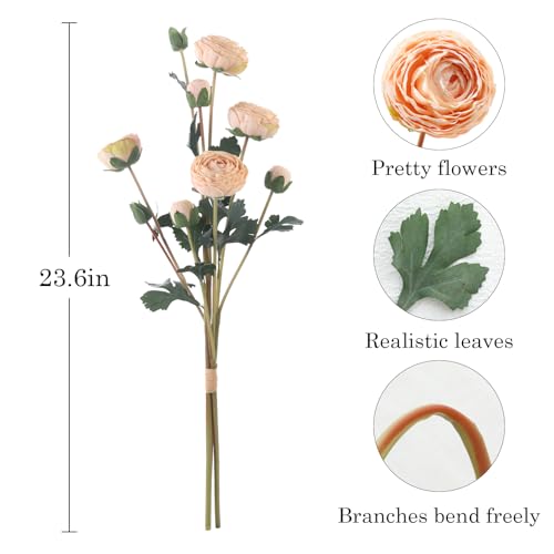 6Pcs Realistic Silk Champagne Ranunculus Artificial Flowers Long Stems, 23.6" Tall Fake Flowers Faux Flowers Suit for Year-Round Home Decoration, Wedding, Bridal Bouquets, Office - color: Champagne