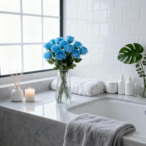 Kenpal Realistic Fake Roses Artificial Flowers with Stem for Decoration Floral Arrangement Centerpieces Wedding Bouquets (10, Sky Blue) - color: Sky Blue