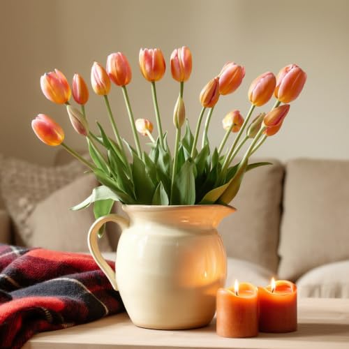 15 Pcs Artificial Flowers Tulips Real Touch Latex Plastic Soft Faux Bouquets for Party, Wedding, Home, Room, Garden Decor (Vintage Orange) - color: Vintage Orange