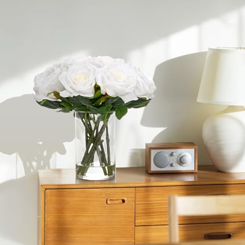 BLEUM CADE Luxury PU Fake Flowers in Vase with Faux Water, White Real Touch Roses Artificial Flowers with Glass Vase for Office Home Dining Room Centerpiece Table Decorations - color: Rose-white