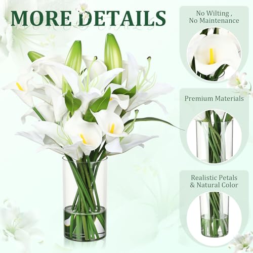 15.74 Inch Artificial Calla Lily Lily Flowers White Fake Flowers Green Bud with Faux Water Realistic Touch for Dining Room Centerpiece Table Wedding Bridal Shower Spring Decor
