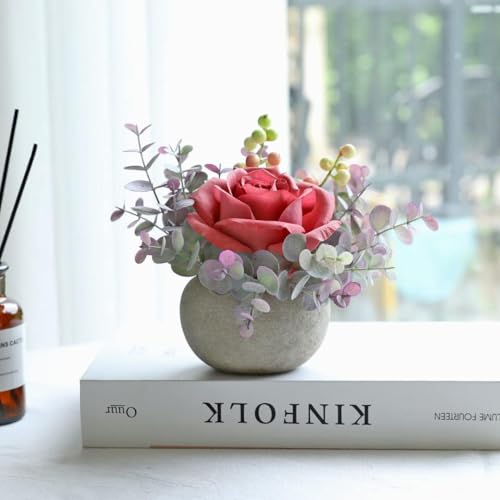 Small Artificial 2pcs Pink Rose Potted Plant, 6" Fake Silk Flowers in 3.5" Round Pot, Mini Faux Floral Arrangement for Desk Shelf Bathroom Decor - color: 2pcs Pink