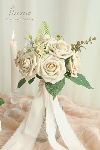Floroom Artificial Flowers 25pcs Real Looking Beige Foam Fake Roses with Stems for DIY Wedding Bouquets Bridal Shower Centerpieces Floral Arrangements Party Tables Home Decorations - color: Beige, size: 25Pcs