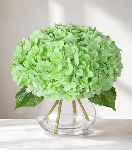 Real Touch Faux Hydrangea Flowers in Glass Vase, No Watering Needed Silk Hydrangea Artificial Flowers for Farmhouse Wedding Decor Dining Table Centerpiece Bedroom Decor - color: Light Green