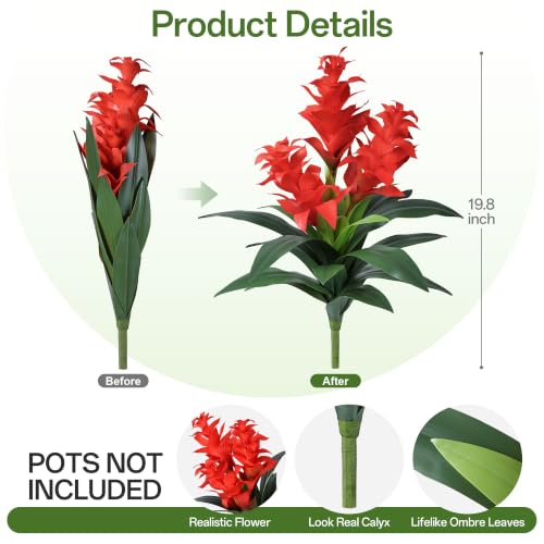 Ivydale Artificial Flowers for Outdoors, 2 Pcs 20.47" 3-Head Bromeliad Fake Plants UV Resistant Artificial Plants Outdoor Tropical Flowers for Planters Outside Porch Patio Yard Garden Indoor Decor - color: 3-head-red