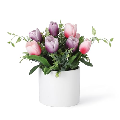 GarveeTech 10 Pcs Artificial Tulips with Ceramic Vase, Real Touch PU Fake Tulip Stems for Easter, Spring, Wedding Bouquet, Home Centerpiece Floral Arrangement, and Table Décor (Purple & Pink) - color: Purple & Pink, size: Tulip(10 Pcs)