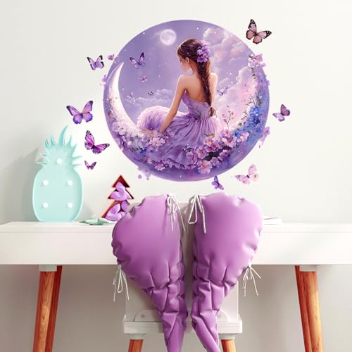 Beautiful Girls Wall Decal for Girls Room Fairy Wall Stickers Peel and Stick Removable Moon Butterfly Flowers Wall Decor for Bedroom Living Room Bathroom Classroom Decorations - style: Beautiful Girls