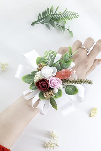 Burgundy White Corsage and Boutonniere Set Wrist Corsage Wristlet for Prom Groom Flower Boutonniere for Men Wedding Party Homecoming Accessories Suit - color: Burgundy White