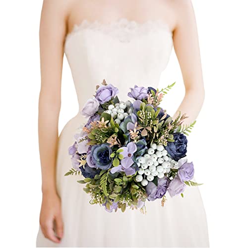 Wedding Bouquets for Bride Bridal Bouquets Artificial Peony Rose Berry Flowers Bouquet for Wedding Gifts Home Decoration (Purple and Blue) - color: Purple and Blue