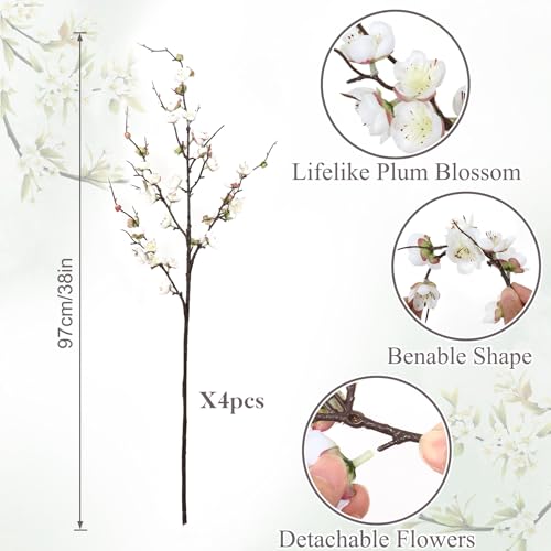 Betylifoy 4 Pcs Artificial Cherry Blossom Branches 38" Long Stems Faux Plum Blossom Flowers White Fake Flowers for Spring Decor Faux Silk Cherry Stems for Vase Arrangement Home Wedding Table Decor - color: White
