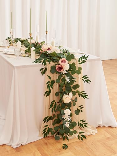 MISSPIN 8FT Eucalyptus and Willow Leaf Garland with Artificial Flowers Fake Flower Peony Rose Vine Greenery Decorative Wall Hanging Plant for Spring Wedding Arch Door Arrangement Party Decor - color: Champagne