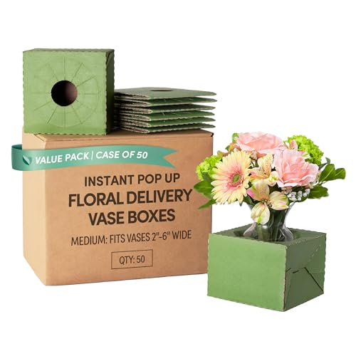 Holiday Designs - Pop-Up Florist Delivery Box, Heavy Duty Corrugated Cardboard Vase Boxes for Secure Floral Arrangements During Transport, 6.5 x 6.5 x 4.5 (Green, Medium: Case of 50) - color: Green, size: Medium: Case of 50