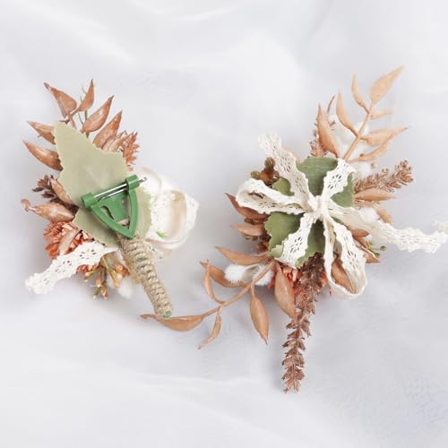 Alizeal 2Pcs of Wrist Corsage and Boutonniere Set, Artificial Flowers Accessories Suit Decor for Wedding Prom Party Homecoming Ceremony, Champagne+Orange - color: 701-champagne+orange