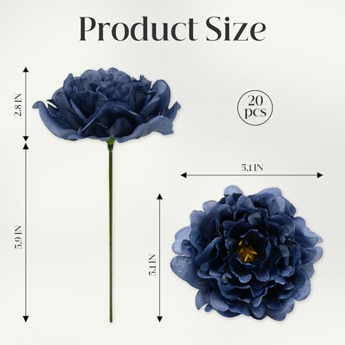 20 Pcs Artificial Flower Peonies, 5" Silk Fake Peonies with 6" Stems No Leaf, Faux Peonies Flowers for Decoration Wedding Home Party Centerpiece Decor Floral Art (Navy Blue) - color: Dark Blue