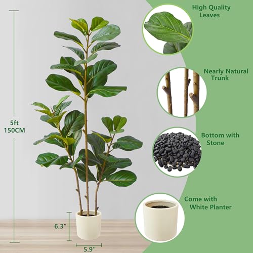 Warmplants Artificial Fiddle Leaf Fig Tree, 5ft Tall Fake Ficus Lyrata Tree with White Planter, Faux Fig Plant for Indoor Home Office Living Room Décor - color: Fiddle, size: 5ft