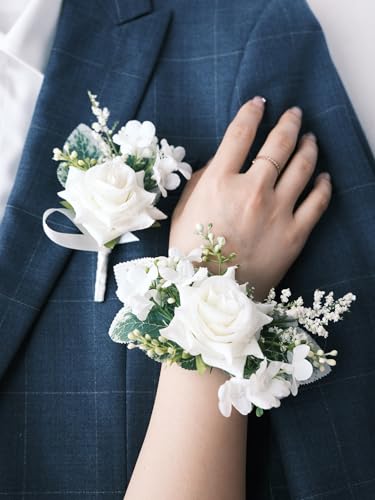 White Rose Wrist Corsage and Boutonniere Set with Ribbon Ties Wedding Prom Formal Accessories (White) - color: White