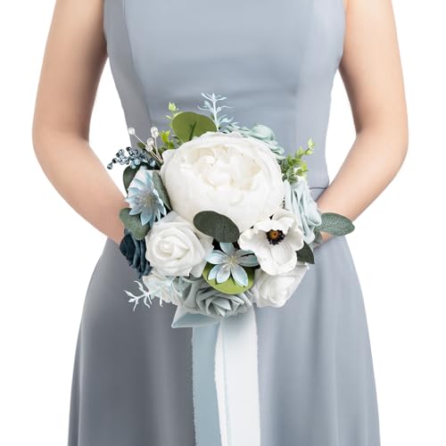 Ling's moment Dusty Blue Artificial Wedding Flower Bouquets for Bridesmaids White Floral Bouquet Light Blue Bridal Bouquets for Bridesmaids with Ribbon Ceremony Anniversary,7-inch Diameter - color: Blu-dusty Blue & Navy