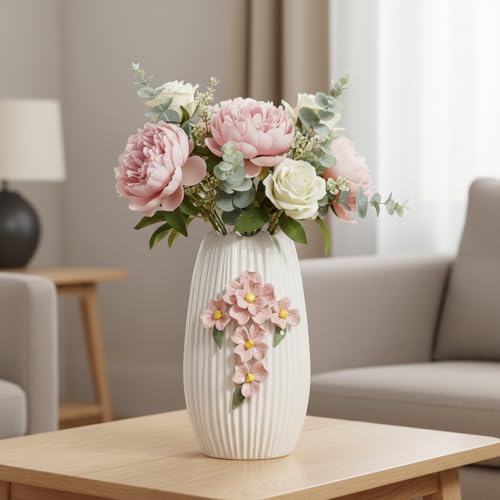 Ceramic Flower Vase - 9 Inch White Modern Vase for Pampas Grass, 3D Floral Vase for Living Room, Kitchen, Easter Table, Dining Room, Table Decor - color: White and Pink, size: 9 inch