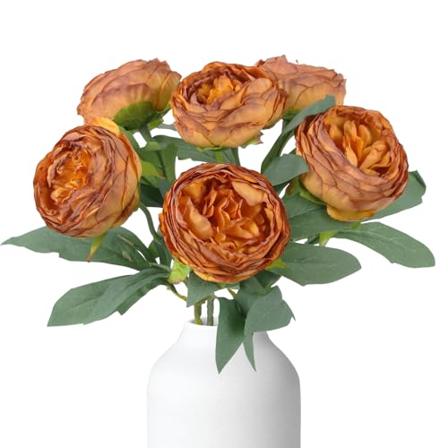 6PCS Burnt Orange Peony Artificial Flowers 19.7" Vintage Faux Peonies Silk Fake Flower Arrangements for Fall Wedding Bridal Bouquet Home Party Office Decoration (Burnt Orange) - color: Burnt Orange