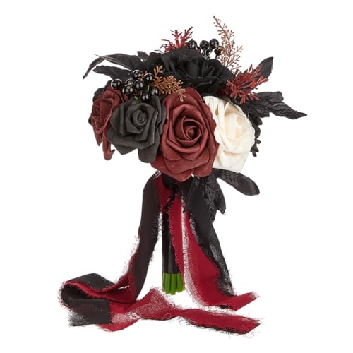 Wedding Bouquets for Bride and Bridesmaid - Black and Burgundy Gothic Bridal Flowers, Artificial Rose Bouquet - color: Red Black Rose