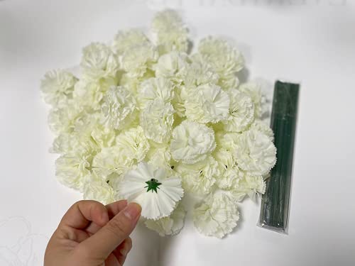 Rikyo 50 Artificial Silk Carnation Flower Head with Stems Set,Vase Fillers, for Home Bridal Wedding Party Birthday Cake Ornaments,DIY Wrist Corsage,2" Petals Heads with 8" Stems (White) - color: White