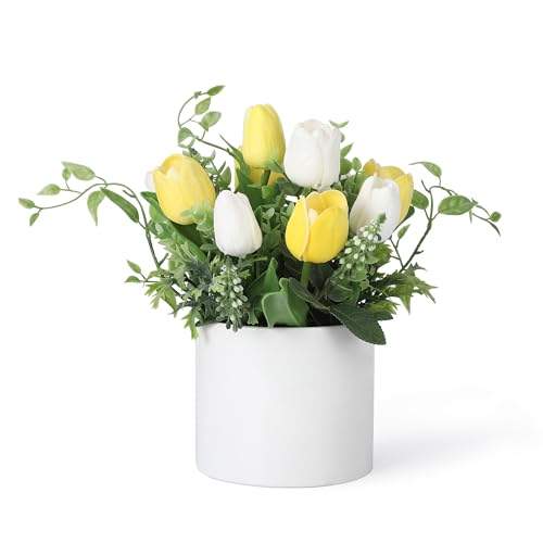GarveeTech 10 Pcs Artificial Tulips with Ceramic Vase, Real Touch PU Fake Tulip Stems for Easter, Spring, Wedding Bouquet, Home Centerpiece Floral Arrangement, and Table Décor (White&Yellow) - color: White&yellow, size: Tulip(10 Pcs)