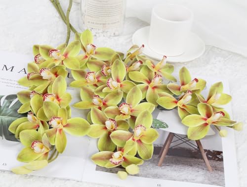 IPOPU 5 Pcs Real Touch Orchids Flowers Green Latex Artificial Orchid Stems for Wedding Party DIY Bridal Bouquet Table Centerpiece Arrangement Office Home Decor - color: Green