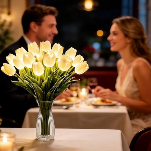 15pcs LED Lighted Artificial Flowers Tulip Lamp with Vase Real Touch Tulips Faux Flower Lights for Valentines Day Gift Easter Home Kitchen Wedding Dining Table Decor (White) - color: 15pcs White