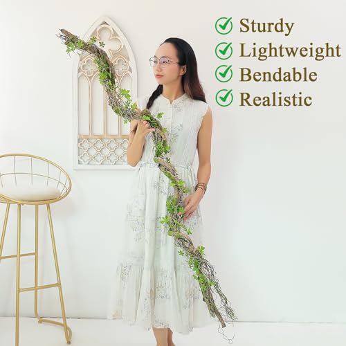 68.9inch Bendable Creepy Artificial Greenery Garland Faux Tree Trunk Branches Twigs Twisted Grape Vines Clover Leaves for Fireplace Mantel Halloween Wall Hanging Outdoor Baby Shower Party Swing Decor