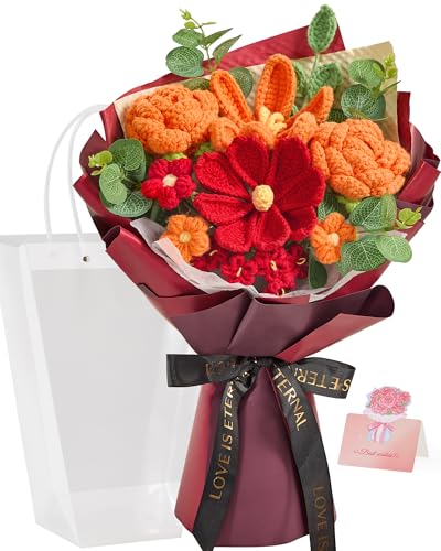 Alecono Crochet Flower Bouquet, Orange and Burgundy Knitted Flowers, Red Crochet Tulip Galsang Flower for Lover Anniversary Birthday Party Mother's Day Graduation Gifts (Include Card) - color: Orange, Burgundy, size: Large