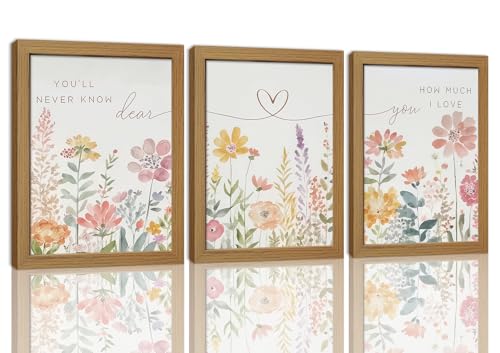 Watercolor Wildflower Wall Art Set of 3, Boho Botanical Flowers Canvas Prints Wall Decor, with Heart Line and romantic song lyrics for couple Gifts and Bedroom Office Home Decor 12x16 In Wood Framed - color: Flower Heart, size: 16L" x 12W"