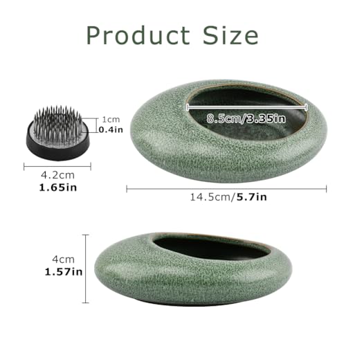 Japanese Ikebana Vase Kit w/ 1.57" Kenzan, Ceramic Pebble Bowl - color: Green