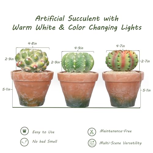 bellacat Fake Succulents with Warm White & Color Changing Lights, 7.7in Lifelike Artificial Succulent Plants, Faux Succulents Light Up Plants for Desk Shelf Living Room Bedroom Decor, Set of 3 Shape - color: Succulent C-5.1in Pot