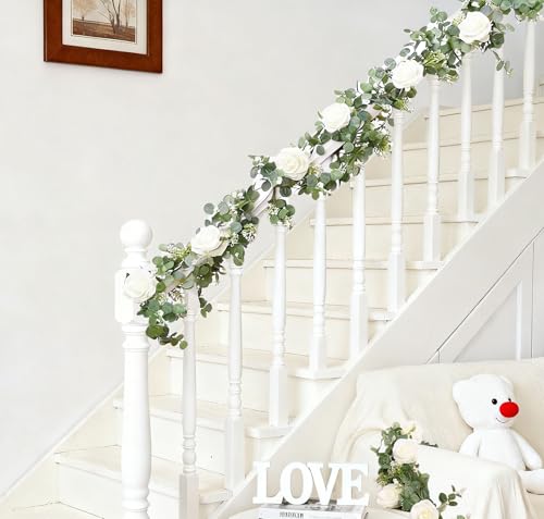 Artificial Eucalyptus Flower Garland with White Roses, Fake Rose Flower Vine, Faux Floral Greenery Garland for Table Centerpiece Wedding Home Party Wall Arch Decor