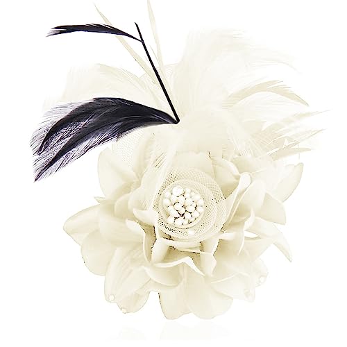 Elegant Flower Brooch for Women Wedding Party Dance Banquet Pins Feather Flower Fascinator Lady Floral Hairpins Dress Suit Lapel Pin Ceremony Accessories Corsage Brooches Vintage Jewelry Gifts - color: White