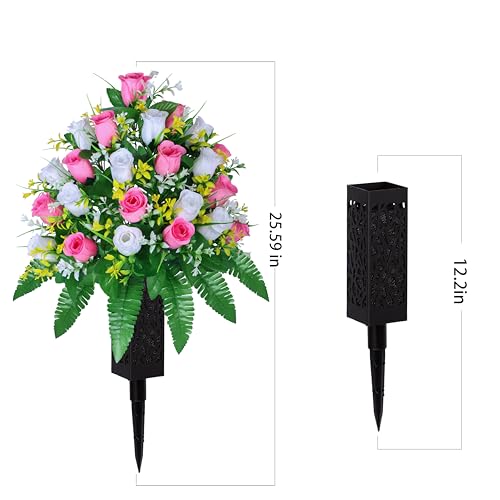 LVXINLI Artificial Cemetery Flowers, Gravesite Decoration Roses, Memorial Bouquets with Cemetery Vase, Vibrant and Long-Lasting Colors (Pink+White, 2 Bundles) - color: Pink+white