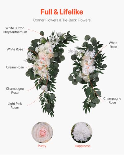 VEVOR Artificial Wedding Arch Flowers Kit, White Wedding Arch Flowers with Drapes Kit (Pack of 4) - 2 Pcs Floral Arrangement, 2 Pcs Sheer Drapes, for Ceremony Bouquets Reception Backdrop Decoration - color: White, size: 4 Pcs