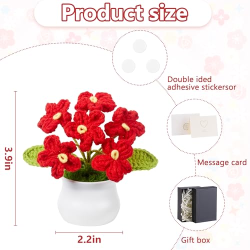 LAIDANLA Crochet Flowers Forget Me Not, Red Crochet Flower Potted Plant for Desk, Handmade Anniversary Graduation Birthday Small Gifts for Women Teacher Mom Coworker Friend - color: Red
