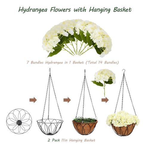 bellacat Real Touch Faux Hydrangea Flowers with 11" Hanging Basket, Fake Hanging Hydrangea Flowers with Realistic Flowers, Artificial Hanging Flowers for Outdoors Porch Patio Balcony (Beige, 2Pack) - color: Beige