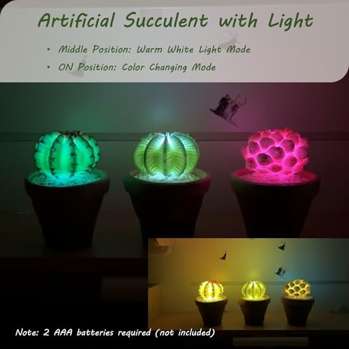 bellacat Fake Succulents with Warm White & Color Changing Lights, 5.6in Lifelike Artificial Succulent Plants, Faux Succulents Light Up Plants for Desk Shelf Living Room Bedroom Decor, Set of 3 Shape - color: Succulent A-3.6in Pot