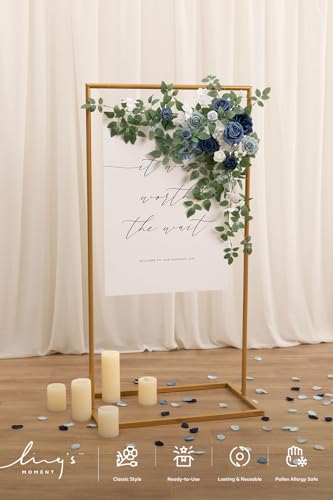 Ling's moment Wedding Artificial Welcome Sign Flowers Swag Arch Floral Garland Decorations Dusty Blue Navy for Ceremony Reception Entrance Entryway Party Banquets Easel Home Outdoor(NOT Include Sign) - color: Dusty Blue & Navy