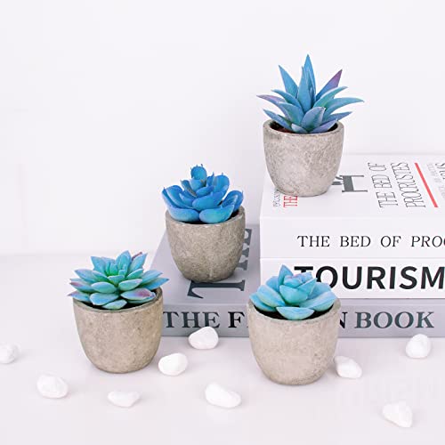 4 Pack Blue Fake Succulent Plants in Pots, Mini Potted Artificial Succulents for Home Office Shelf Decor, Small Faux Succulents for Bathroom Bedroom Kitchen Desk Decorations - color: 4pcs Blue