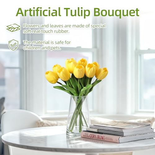 GarveeTech 10 Pcs Real Touch Artificial Tulips - PU Fake Tulip Stems with Glass Vase, Yellow Spring Flower Arrangement for Easter, Wedding, Home, Table Centerpiece Decor - color: Yellow, size: Tulip(10 Pcs)